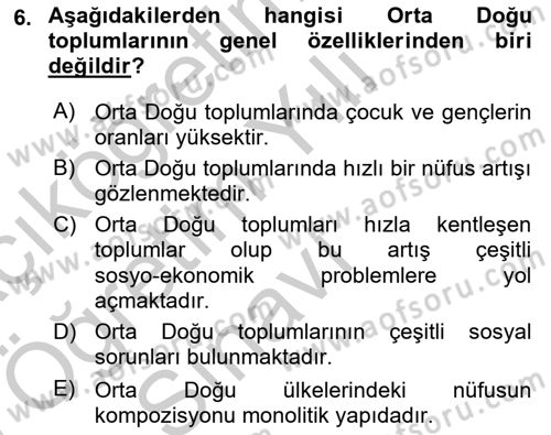 Orta Doğuda Siyaset Dersi 2018 - 2019 Yılı Yaz Okulu Sınav Soruları 6. Soru