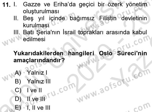 Orta Doğuda Siyaset Dersi 2020 - 2021 Yılı Yaz Okulu Sınav Soruları 11. Soru