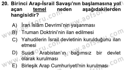 Orta Doğuda Siyaset Dersi 2021 - 2022 Yılı (Vize) Ara Sınav Soruları 20. Soru