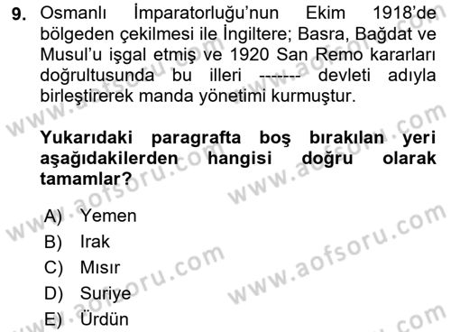 Orta Doğuda Siyaset Dersi 2021 - 2022 Yılı Yaz Okulu Sınav Soruları 9. Soru