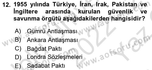 Orta Doğuda Siyaset Dersi 2022 - 2023 Yılı Yaz Okulu Sınav Soruları 12. Soru