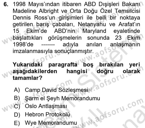 Orta Doğuda Siyaset Dersi 2023 - 2024 Yılı (Final) Dönem Sonu Sınav Soruları 6. Soru