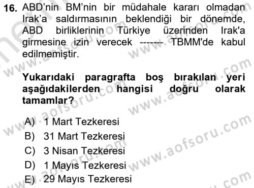 Orta Doğuda Siyaset Dersi 2024 - 2025 Yılı (Vize) Ara Sınav Soruları 16. Soru