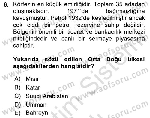 Orta Doğuda Siyaset Dersi 2024 - 2025 Yılı (Vize) Ara Sınav Soruları 6. Soru