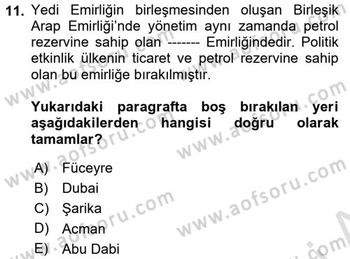 Orta Doğuda Siyaset Dersi 2024 - 2025 Yılı (Final) Dönem Sonu Sınav Soruları 11. Soru