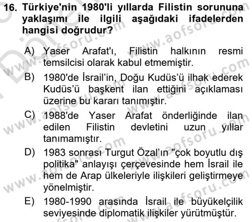 Orta Doğuda Siyaset Dersi 2024 - 2025 Yılı (Final) Dönem Sonu Sınav Soruları 16. Soru