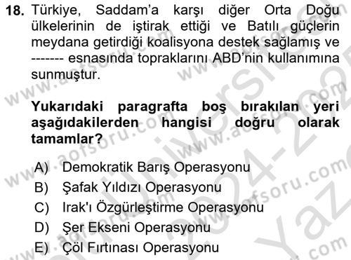 Orta Doğuda Siyaset Dersi 2024 - 2025 Yılı Yaz Okulu Sınav Soruları 18. Soru