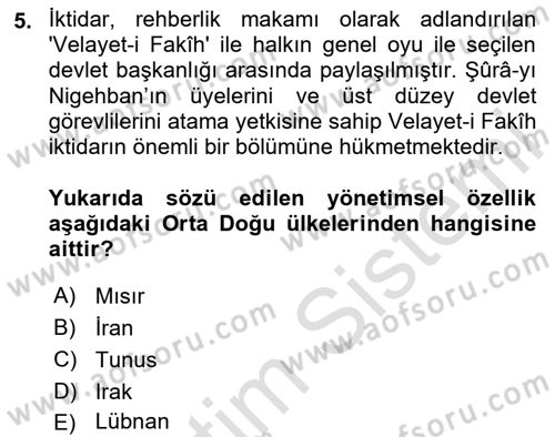 Orta Doğuda Siyaset Dersi 2024 - 2025 Yılı Yaz Okulu Sınav Soruları 5. Soru