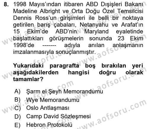 Orta Doğuda Siyaset Dersi 2025 - 2026 Yılı (Final) Dönem Sonu Sınav Soruları 8. Soru