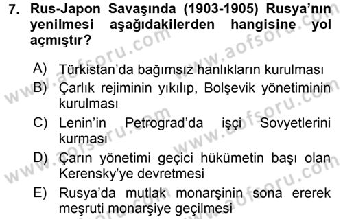 Orta Asya ve Kafkaslarda Siyaset Dersi Ara Sınavı Deneme Sınav Soruları 7. Soru