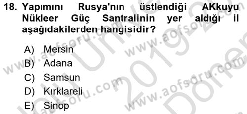 Orta Asya ve Kafkaslarda Siyaset Dersi 2019 - 2020 Yılı (Final) Dönem Sonu Sınav Soruları 18. Soru