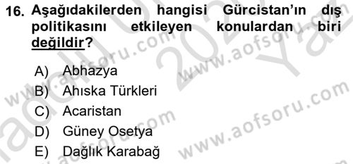 Orta Asya ve Kafkaslarda Siyaset Dersi 2020 - 2021 Yılı Yaz Okulu Sınav Soruları 16. Soru