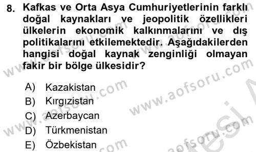 Orta Asya ve Kafkaslarda Siyaset Dersi 2020 - 2021 Yılı Yaz Okulu Sınav Soruları 8. Soru
