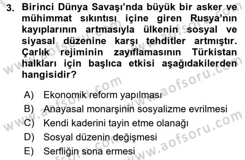 Orta Asya ve Kafkaslarda Siyaset Dersi 2021 - 2022 Yılı (Vize) Ara Sınavı 3. Soru