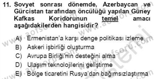 Orta Asya ve Kafkaslarda Siyaset Dersi 2021 - 2022 Yılı Yaz Okulu Sınavı 11. Soru