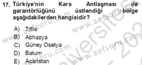 Orta Asya ve Kafkaslarda Siyaset Dersi 2021 - 2022 Yılı Yaz Okulu Sınavı 17. Soru