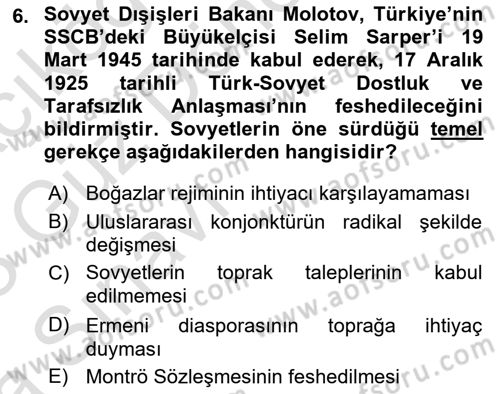 Orta Asya ve Kafkaslarda Siyaset Dersi 2022 - 2023 Yılı (Vize) Ara Sınav Soruları 6. Soru