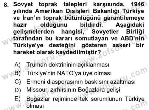 Orta Asya ve Kafkaslarda Siyaset Dersi 2022 - 2023 Yılı (Vize) Ara Sınav Soruları 8. Soru