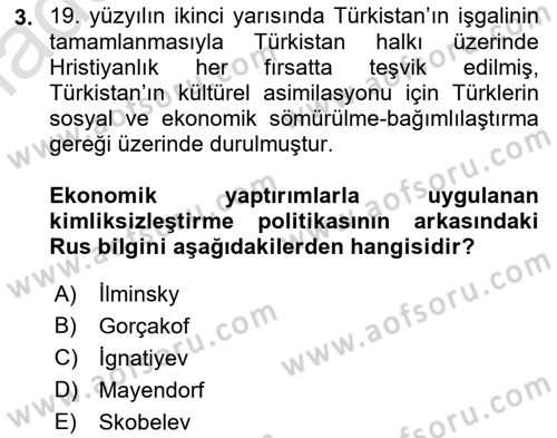 Orta Asya ve Kafkaslarda Siyaset Dersi 2023 - 2024 Yılı (Vize) Ara Sınav Soruları 3. Soru
