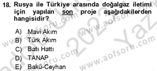 Orta Asya ve Kafkaslarda Siyaset Dersi 2023 - 2024 Yılı Yaz Okulu Sınav Soruları 18. Soru
