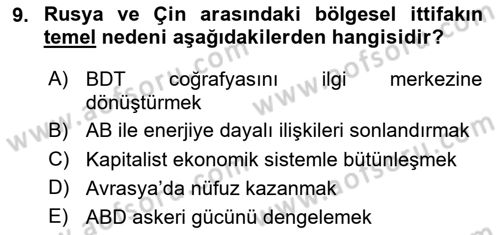Orta Asya ve Kafkaslarda Siyaset Dersi 2024 - 2025 Yılı (Vize) Ara Sınav Soruları 9. Soru