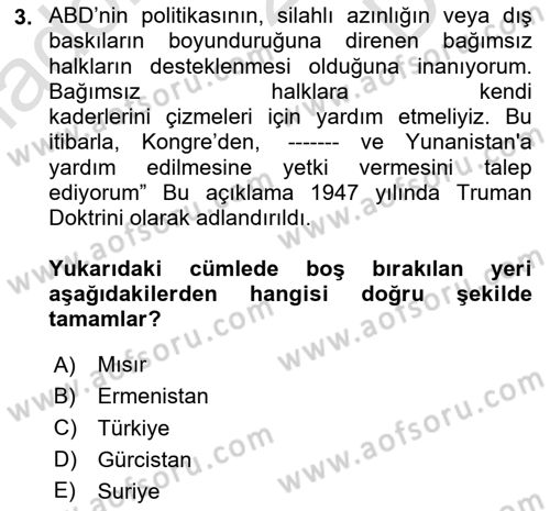 Orta Asya ve Kafkaslarda Siyaset Dersi 2024 - 2025 Yılı (Final) Dönem Sonu Sınav Soruları 3. Soru