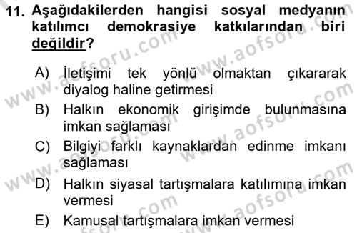Sosyal Medyaya Giriş Dersi 2019 - 2020 Yılı (Vize) Ara Sınav Soruları 11. Soru