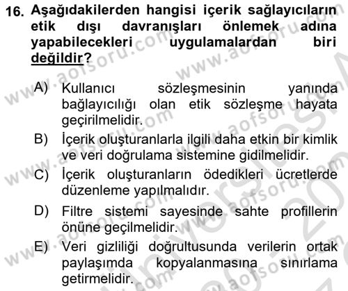 Sosyal Medyaya Giriş Dersi 2020 - 2021 Yılı Yaz Okulu Sınav Soruları 16. Soru