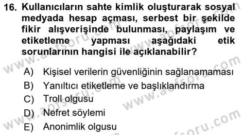Sosyal Medyaya Giriş Dersi 2021 - 2022 Yılı Yaz Okulu Sınav Soruları 16. Soru