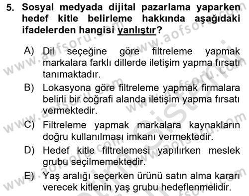Sosyal Medyaya Giriş Dersi 2021 - 2022 Yılı Yaz Okulu Sınav Soruları 5. Soru