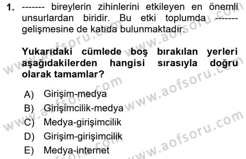 Medya Girişimciliği Dersi 2019 - 2020 Yılı (Final) Dönem Sonu Sınav Soruları 1. Soru