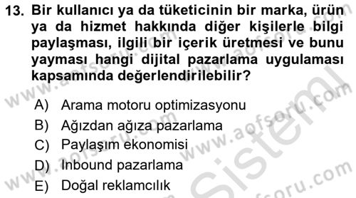 Dijital Çağda Reklam Dersi 2021 - 2022 Yılı (Vize) Ara Sınav Soruları 13. Soru
