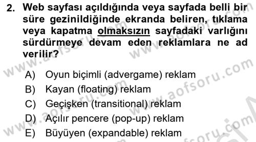 Dijital Çağda Reklam Dersi 2021 - 2022 Yılı (Vize) Ara Sınavı 2. Soru