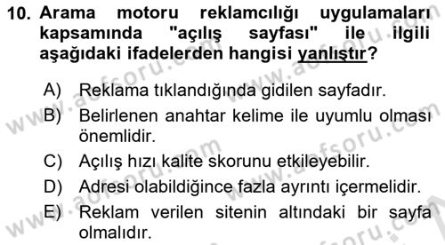 Dijital Çağda Reklam Dersi 2021 - 2022 Yılı (Final) Dönem Sonu Sınav Soruları 10. Soru