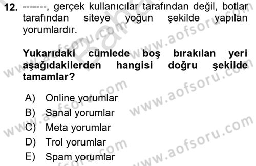 Dijital Çağda Reklam Dersi 2021 - 2022 Yılı (Final) Dönem Sonu Sınav Soruları 12. Soru