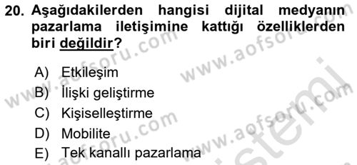 Dijital Çağda Reklam Dersi 2021 - 2022 Yılı (Final) Dönem Sonu Sınav Soruları 20. Soru