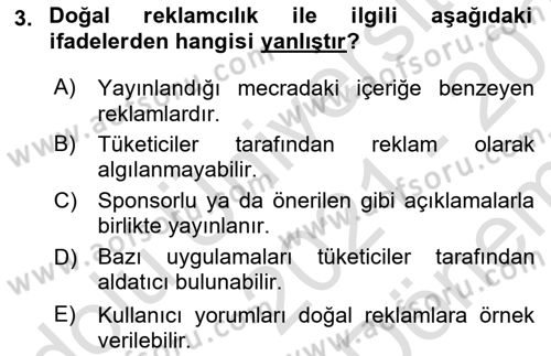 Dijital Çağda Reklam Dersi 2021 - 2022 Yılı (Final) Dönem Sonu Sınav Soruları 3. Soru