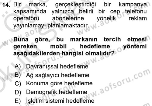 Dijital Çağda Reklam Dersi 2021 - 2022 Yılı Yaz Okulu Sınav Soruları 14. Soru