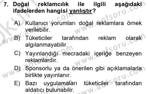 Dijital Çağda Reklam Dersi 2021 - 2022 Yılı Yaz Okulu Sınav Soruları 7. Soru