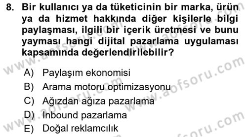 Dijital Çağda Reklam Dersi 2021 - 2022 Yılı Yaz Okulu Sınav Soruları 8. Soru