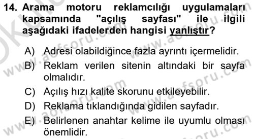 Dijital Çağda Reklam Dersi 2022 - 2023 Yılı Yaz Okulu Sınav Soruları 14. Soru