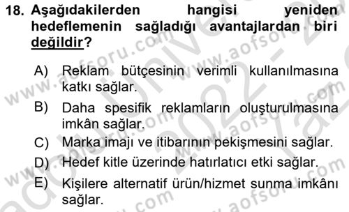 Dijital Çağda Reklam Dersi 2022 - 2023 Yılı Yaz Okulu Sınav Soruları 18. Soru