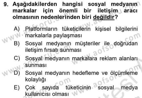 Dijital Çağda Reklam Dersi 2022 - 2023 Yılı Yaz Okulu Sınav Soruları 9. Soru