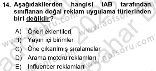 Dijital Çağda Reklam Dersi 2023 - 2024 Yılı (Vize) Ara Sınav Soruları 14. Soru