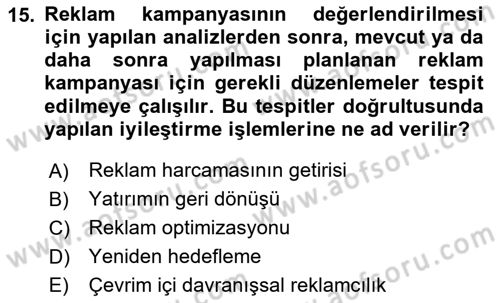 Dijital Çağda Reklam Dersi 2023 - 2024 Yılı (Final) Dönem Sonu Sınav Soruları 15. Soru