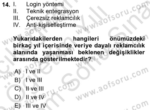 Dijital Çağda Reklam Dersi 2024 - 2025 Yılı (Final) Dönem Sonu Sınav Soruları 14. Soru