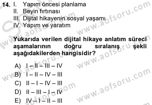 Dijital Medya ve Tüketici Dersi 2021 - 2022 Yılı (Final) Dönem Sonu Sınav Soruları 14. Soru