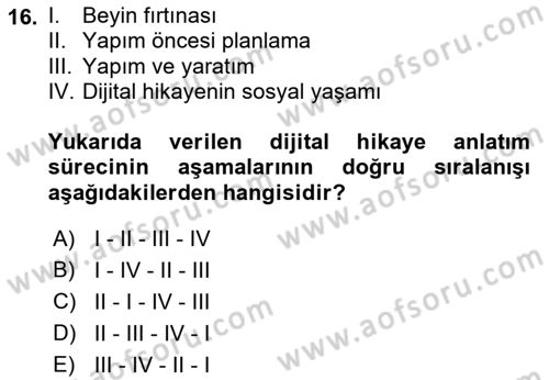 Dijital Medya ve Tüketici Dersi 2022 - 2023 Yılı (Final) Dönem Sonu Sınav Soruları 16. Soru