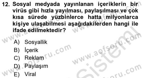 Dijital Medya ve Tüketici Dersi 2023 - 2024 Yılı (Final) Dönem Sonu Sınav Soruları 12. Soru