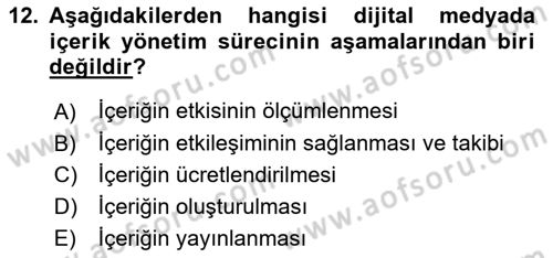 Dijital Medya ve Tüketici Dersi 2024 - 2025 Yılı (Final) Dönem Sonu Sınav Soruları 12. Soru